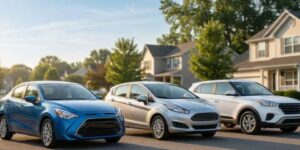 Affordable compact sedan, hatchback, and small SUV parked in an American suburban neighborhood