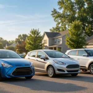 Affordable compact sedan, hatchback, and small SUV parked in an American suburban neighborhood