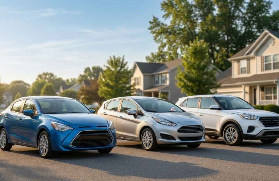 Affordable compact sedan, hatchback, and small SUV parked in an American suburban neighborhood